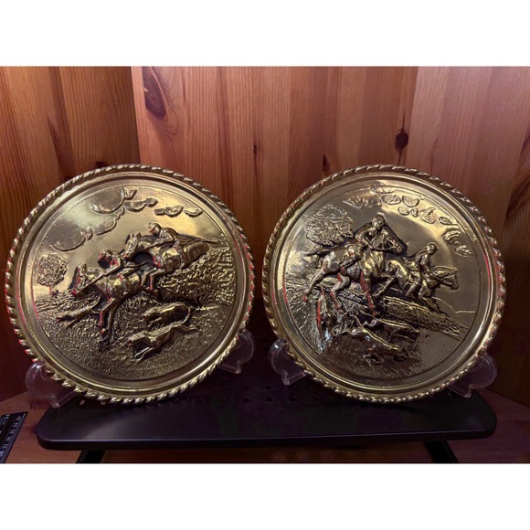 Other - Vintage English Brass Fox Hunting Wall Plaques 8" Set of 2 Made in England